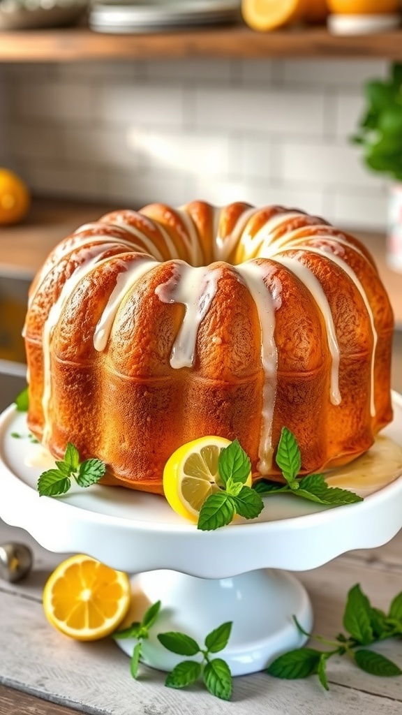 A golden-brown 7-Up pound cake on a cake stand, garnished with lemon slices and mint.